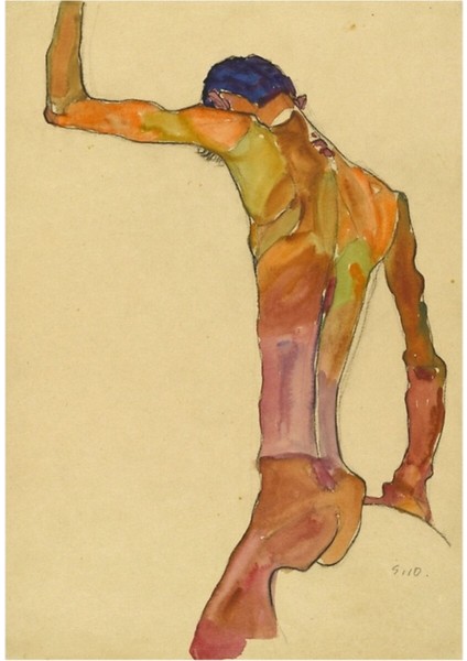 Egon Schiele - Kolu Kaldırılmış Çıplak Erkek Ayakta, Arkadan Görünüm Tablo Ahşap Poster Dekoratif