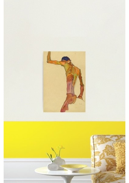 Egon Schiele - Kolu Kaldırılmış Çıplak Erkek Ayakta, Arkadan Görünüm Tablo Ahşap Poster Dekoratif