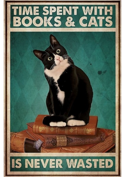 Kara Kedi Kitap ve Çay ile Harcanan Zaman Tablo Ahşap Poster Dekoratif