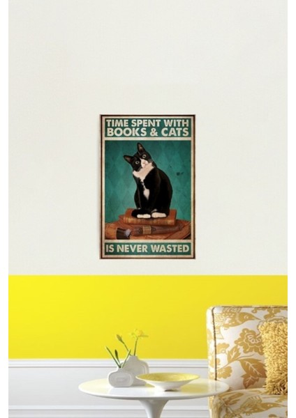 Kara Kedi Kitap ve Çay ile Harcanan Zaman Tablo Ahşap Poster Dekoratif