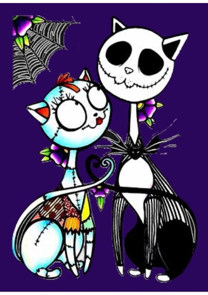 Sevimli Kedi Jack Skellington ve Sally Tablo Ahşap Poster Dekoratif