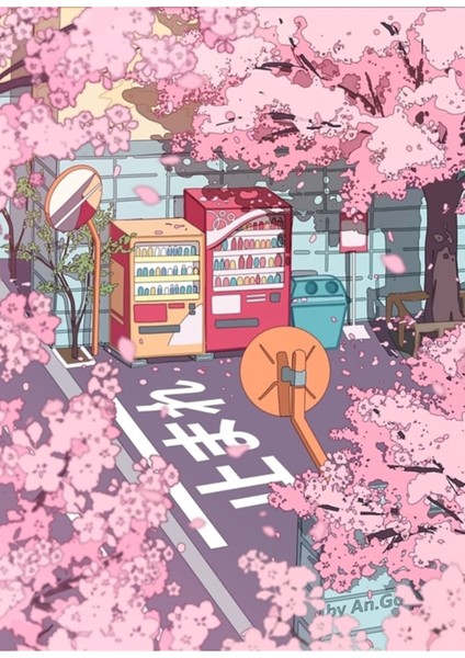 Güzel Bir Estetik Tokyo Caddesi ve Pembe Sakura Ağacı Çiçeği Tablo Ahşap Poster Dekoratif