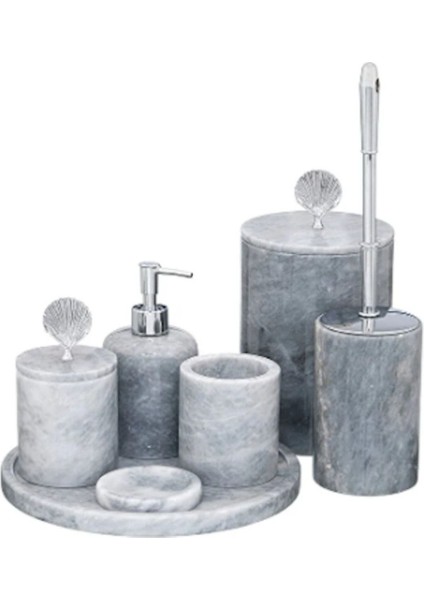 Dekoratif Mermer Midye Detaylı 7 Li Banyo Seti Takımı