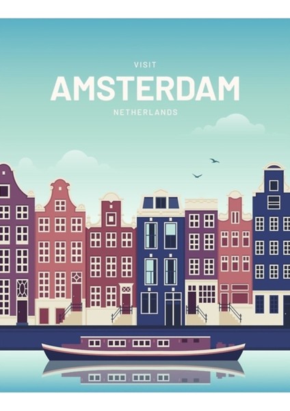 Amsterdam Hollanda Vektör Çizim Tablo Ahşap Poster Dekoratif