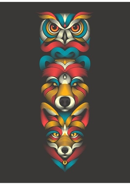 Orman Hayvanları Totem Tablo Ahşap Poster Dekoratif