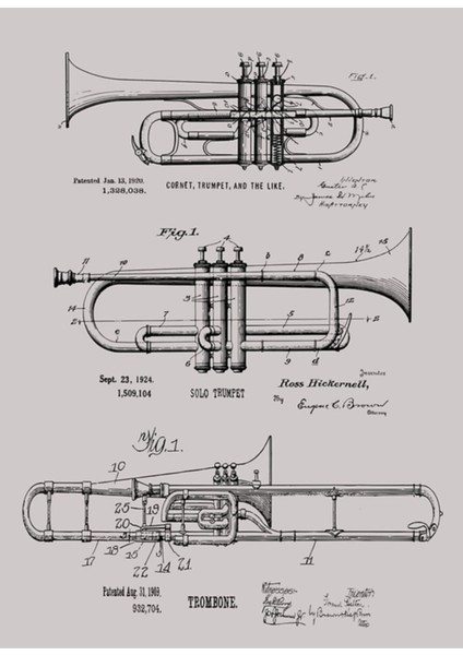 Trompet, Kornet, Trombon Patent Ozalit Çizimler Tablo Ahşap Poster Dekoratif