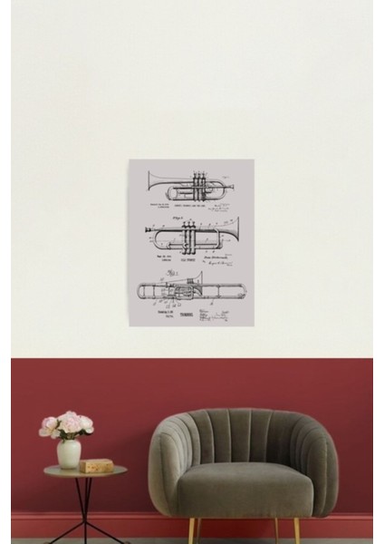 Trompet, Kornet, Trombon Patent Ozalit Çizimler Tablo Ahşap Poster Dekoratif