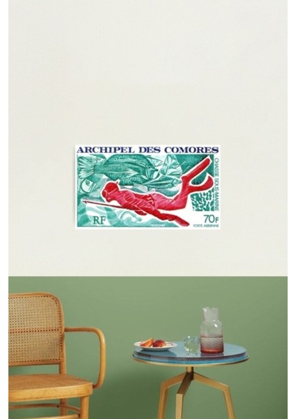 1972 Komor Adaları Zıpkınla Balık Avı Posta Pulu Tablo Ahşap Poster Dekoratif fiyatları
