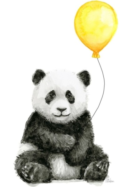 Sarı Balonlu Bebek Panda Kaprisli Suluboya Hayvan Tablo Ahşap Poster Dekoratif