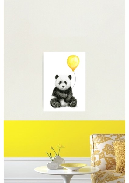 Sarı Balonlu Bebek Panda Kaprisli Suluboya Hayvan Tablo Ahşap Poster Dekoratif