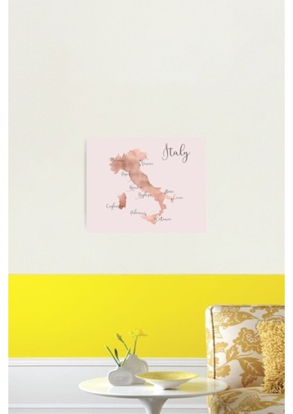 Oldukça Pembe Italya Haritası Tablo Ahşap Poster Dekoratif