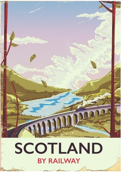 Iskoçya Lokomotif Seyahat Afişi Tablo Ahşap Poster Dekoratif