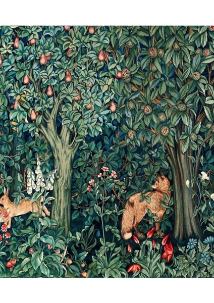 Yeşil, Orman Hayvanları Tilki ve Tavşanlar Mavi Yeşil Çiçekli Goblen Tablo Ahşap Poster Dekoratif
