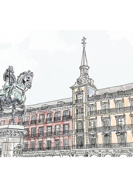 Plaza Mayor Madrid Suluboya Tablo Ahşap Poster Dekoratif