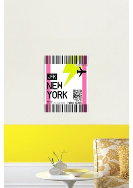 New York Uçak Bileti Tablo Ahşap Poster Dekoratif