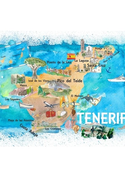 Tenerife Canarias Ispanya Simgesel Yapılar Resimli Harita Tablo Ahşap Poster Dekoratif