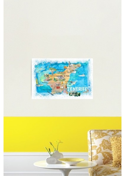 Tenerife Canarias Ispanya Simgesel Yapılar Resimli Harita Tablo Ahşap Poster Dekoratif
