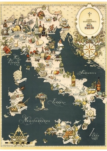Italya'nın Gastronomik Haritası 1949 Tablo Ahşap Poster Dekoratif