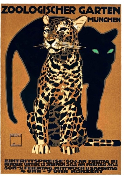 1912 Ludwig Hohlwein Münih Hayvanat Bahçesi Leopar ve Panter Poster Tablo Ahşap Poster Dekoratif