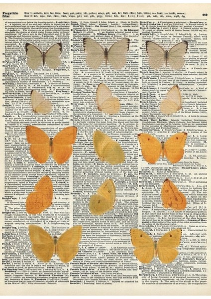 Ansiklopedi Kitap Sayfası Üzerinde Sarı Kelebekler, Monarch Butterfly Dictionary Ahşap Poster