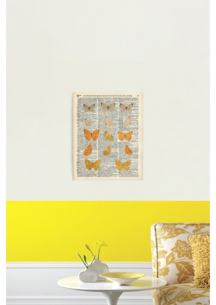 Ansiklopedi Kitap Sayfası Üzerinde Sarı Kelebekler, Monarch Butterfly Dictionary Ahşap Poster