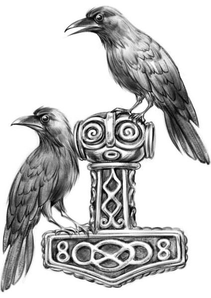 Odin Ravens Hugin ve Munin ile Thor Hammer Mjölnir Tablo Ahşap Poster Dekoratif