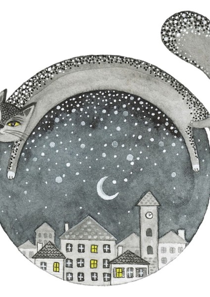 Kedi ve Gece Kasabası Tablo Ahşap Poster Dekoratif
