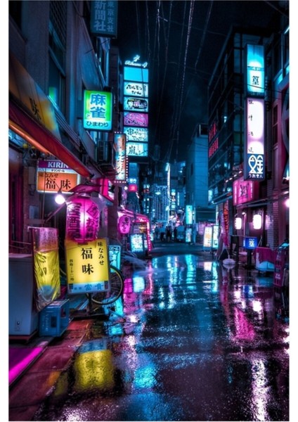 Neo Tokyo Cyberpunk Vibes Dikey Tablo Ahşap Poster Dekoratif