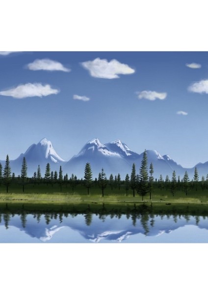 Dağ Ormanı Göl Yansıması Dijital Çizim Tablo Ahşap Poster Dekoratif