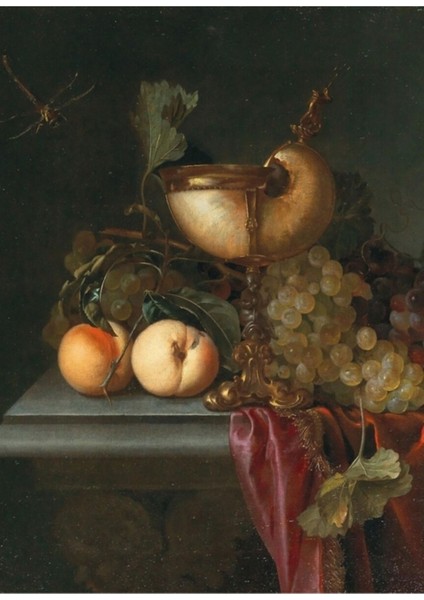 Abraham De Lust (Hollandaca C. 1650-SONRASI 1659) Nautilus Bardağı, Üzüm ve Şeftali Ahşap Poster