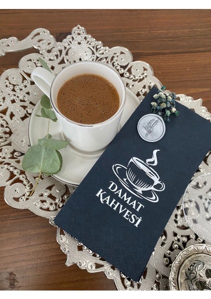 Gümüş Yaldızlı Siyah Çiçekli Mühürlü Damat Kahvesi Garson Peçete 1 Adet