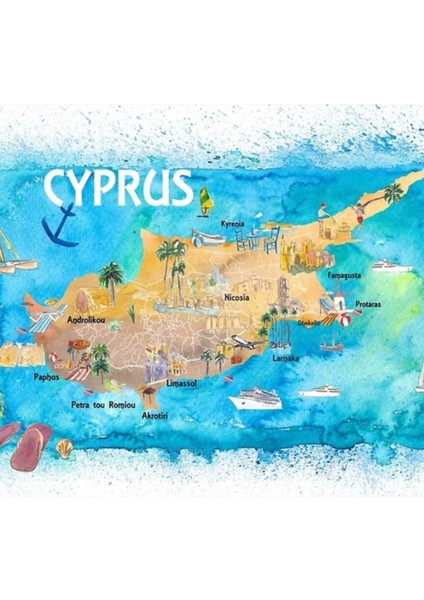 Ana Yolları ve Öne Çıkanları ile Resimli Kıbrıs Haritası Tablo Ahşap Poster Dekoratif