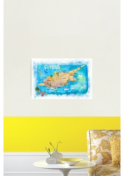 Ana Yolları ve Öne Çıkanları ile Resimli Kıbrıs Haritası Tablo Ahşap Poster Dekoratif fiyatları
