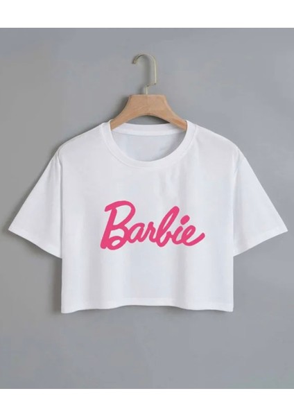 Özel Tasarım Barbie Baskılı Pamuk Kısa Kollu Dünya Trendi Kız Çocuk Crop T-Shırt