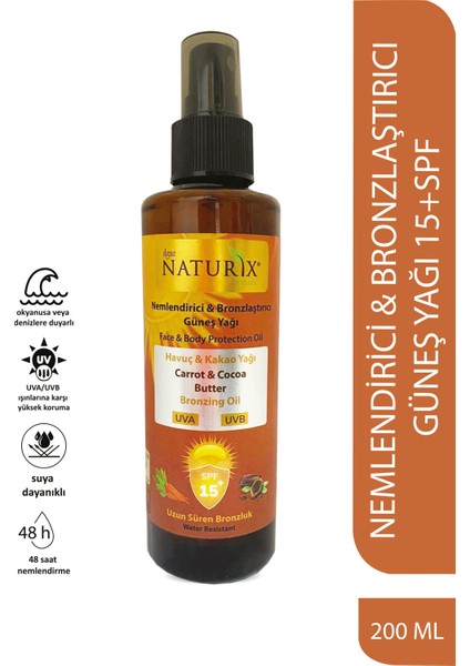 Naturixkakao & Havuç Yağı Spf 15 Yoğun Bronzlaştırıcı Yağ 200 ml Sprey Bronzluk Koruma Yüz Vücut Güneş Yağı