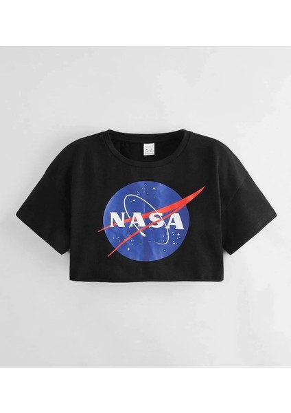 Özel Tasarım Mavi Nasa Baskılı Pamuk Sokak Stili Hip Hop Kız Çocuk Crop T-Shırt