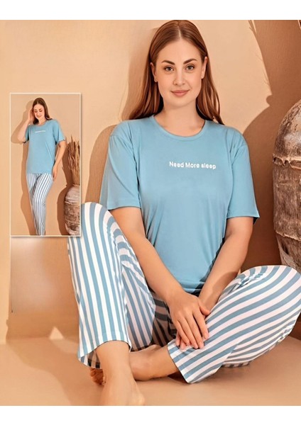 Kadın Milan Büyük Beden Bisiklet Yaka Kısa Kol Ince Pijama Takımı 11060 - 1 Adet