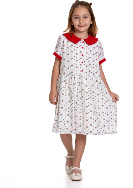 Kız Çocuk Önlük Yaka Düğmeli Puantiyeli Elbise Kırmızı fiyatları