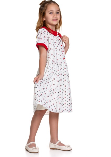 Kız Çocuk Önlük Yaka Düğmeli Puantiyeli Elbise Kırmızı fırsatları