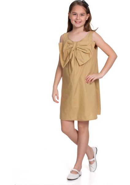 Kız Çocuk Fiyonk Detaylı Askılı Rahat Kesim Elbise