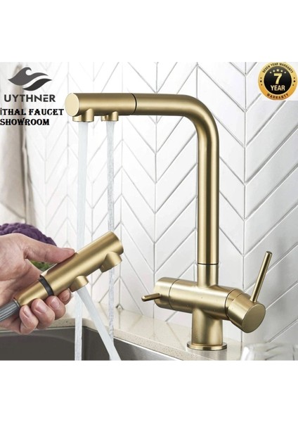 Mutfak Evye Bataryası Dual Flow Su Arıtma Çıkışlı Spiralli Fiskiyeli 7 Yıl Garantili Ithal Mat Gold