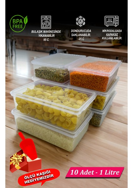 Plastik Kapaklı Saklama Kabı 10 Adet 1 Litre - DerinDondurucu&Buzdolabı Düzenleyici