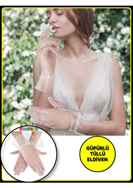 Güpürlü Tüllü Puantiyeli Şeffaf Parti Kostüm Kına Düğün & Gelin Eldiveni Beyaz