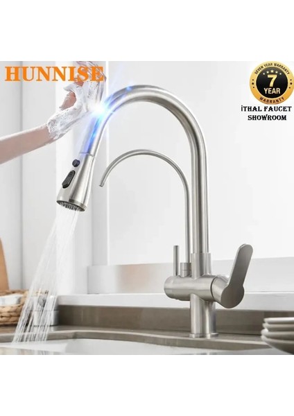 Mutfak Evye Bataryası Smart Dual Flow Su Arıtma Çıkışlı Mat Nikel Dokunmatik Spiralli 7 Yıl Garanti