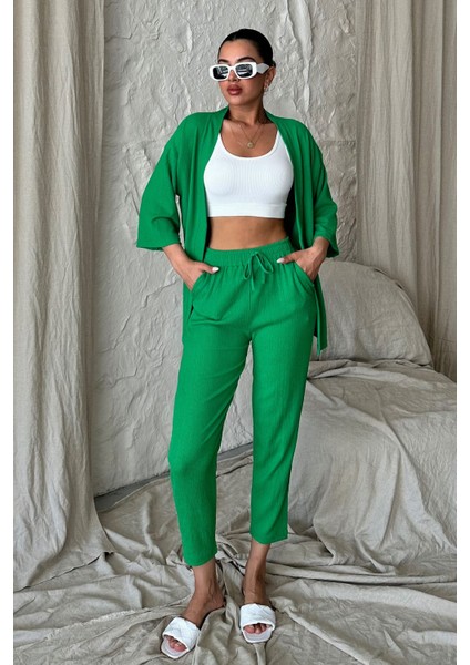 Yeşil Bürümcük Kimono Takım