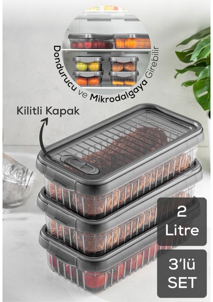 3lü Kendinden Çizgili Kilitli Kapaklı Saklama Kabı Seti 2 Litre