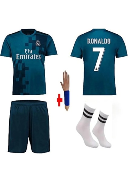 Cheecky Chic Real Madrid Ronaldo 2018 Turkuaz Deplasman Çocuk Futbol Forması 4'lü Set Bileklik Hediyeli