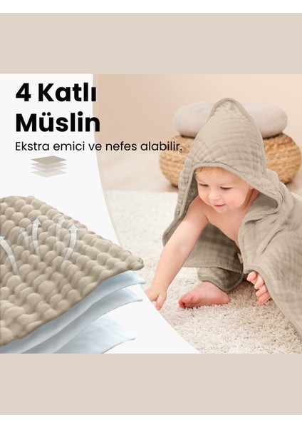 Müslin Bebek Battaniyesi & Müslin Kundak & Müslin Bebek Havlusu ( 4 Kat Müslin - 100X90CM) Bej