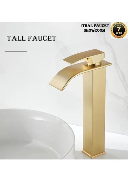 Banyo Çanak Lavabo Bataryası Mat Gold Renk Şelale Model 7 Yıl Garantili Ithal