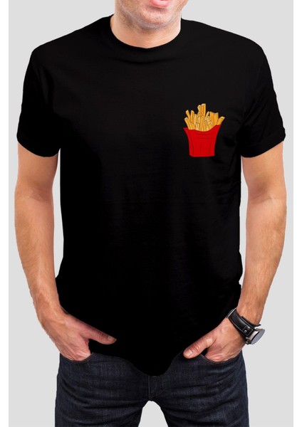 Patates Kızartması Baskılı Siyah Unisex Tişört C365